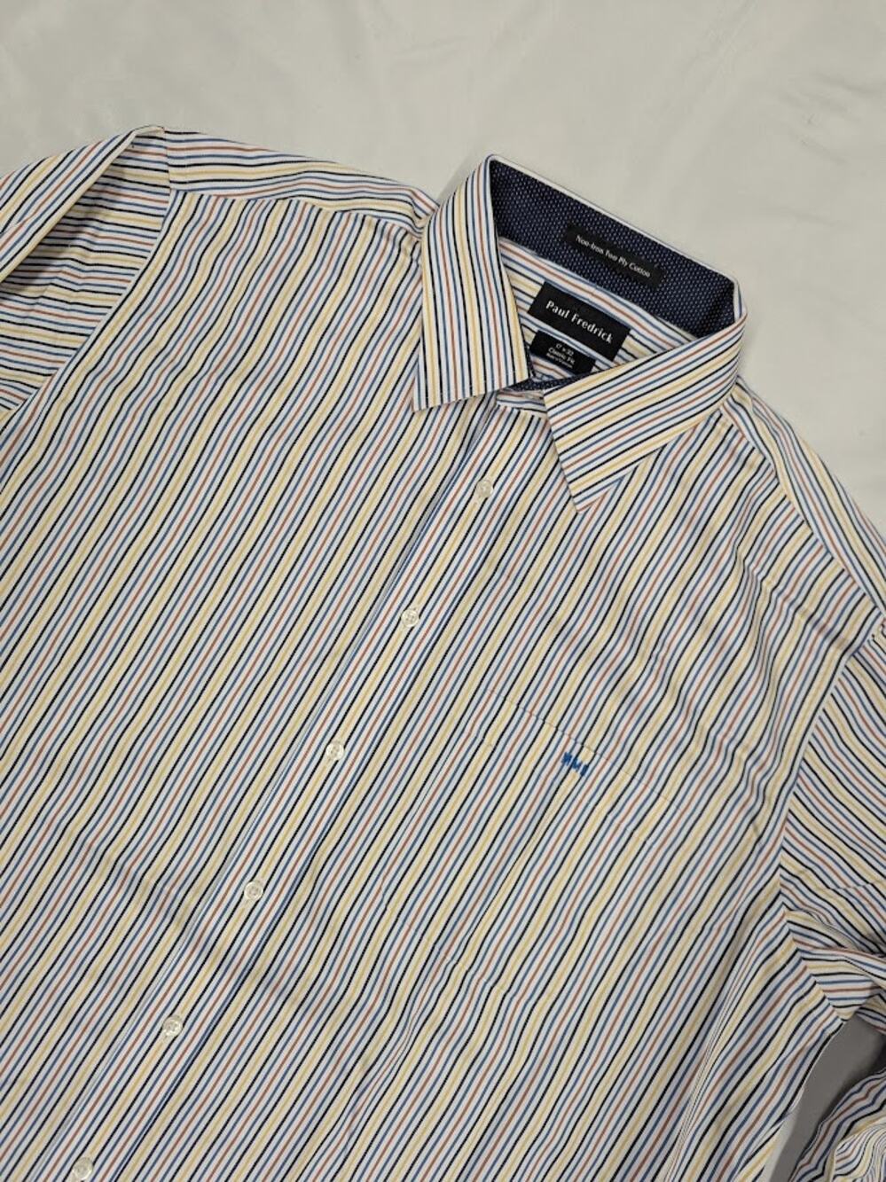 Paul Fredrick Shirt Mens 17x32 Yellow Blue Brown Stripe Cotton Classic Fit